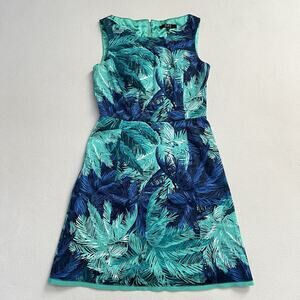 Alex Marie Teal Blue Green Palm Leaf Tropical Print Sleeveless A-Line Dress 6